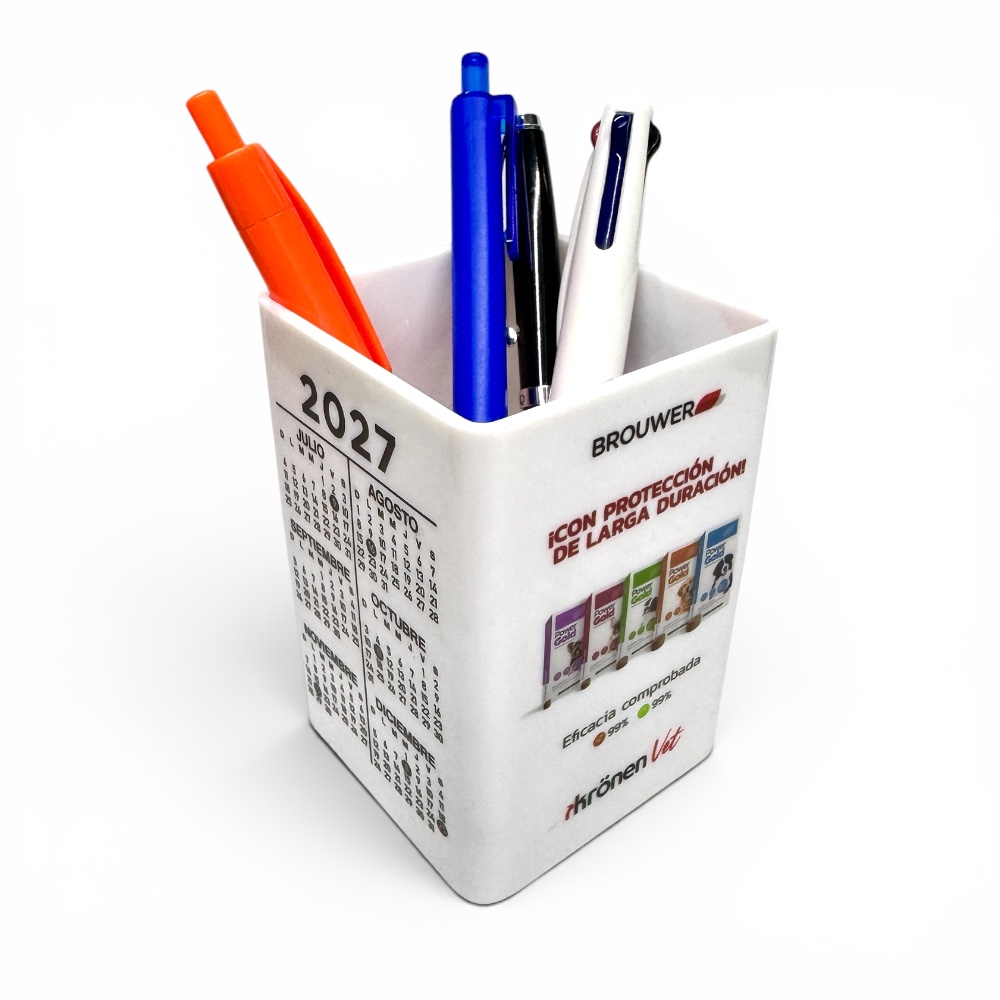 Cubo portalapiz blanco con calendario